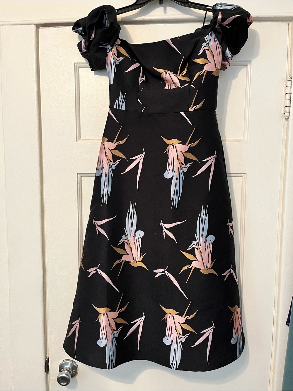 Topshop Black Midi Dress with Pink, Blue & Gold Birds of Paradise